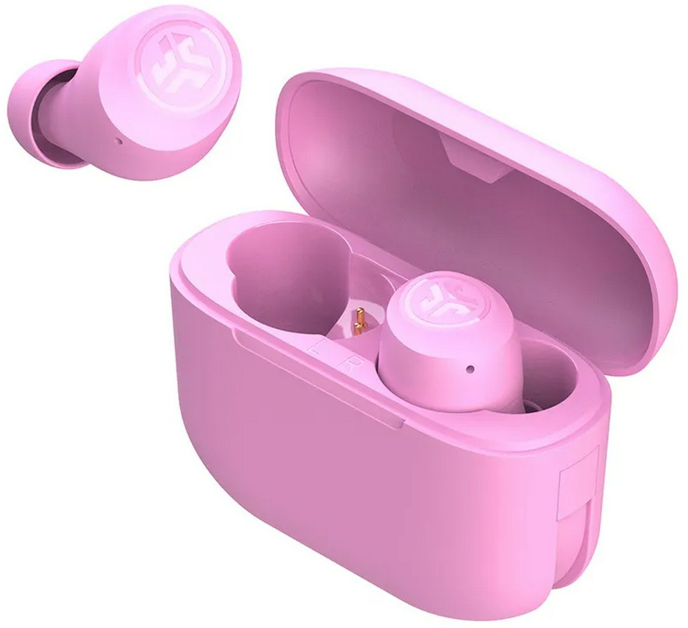Een paar roze draadloze oordopjes met oplaadcase. Eén ligt ernaast, de ander in de case.