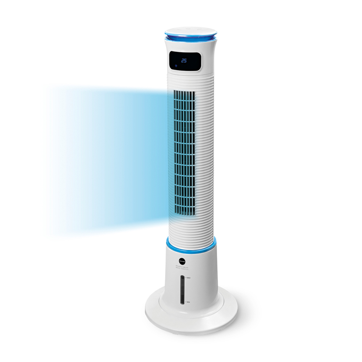 Ventilatore a torre bianco e blu con flusso d'aria blu. Base bianca. Display digitale mostra 25. Sfondo bianco.