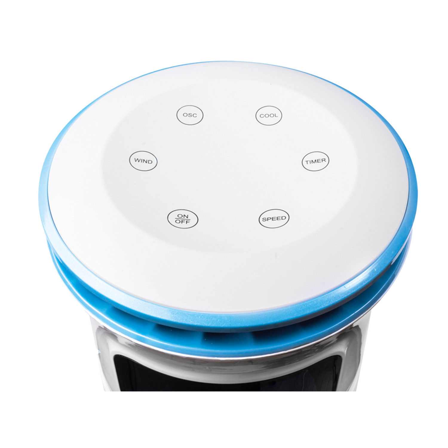 Un pannello di controllo del ventilatore bianco e blu con pulsanti per vento, freddo e velocità.