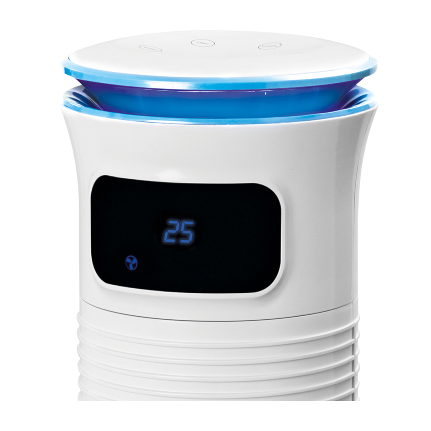 Un purificatore d'aria bianco e blu con un display digitale che mostra 25.