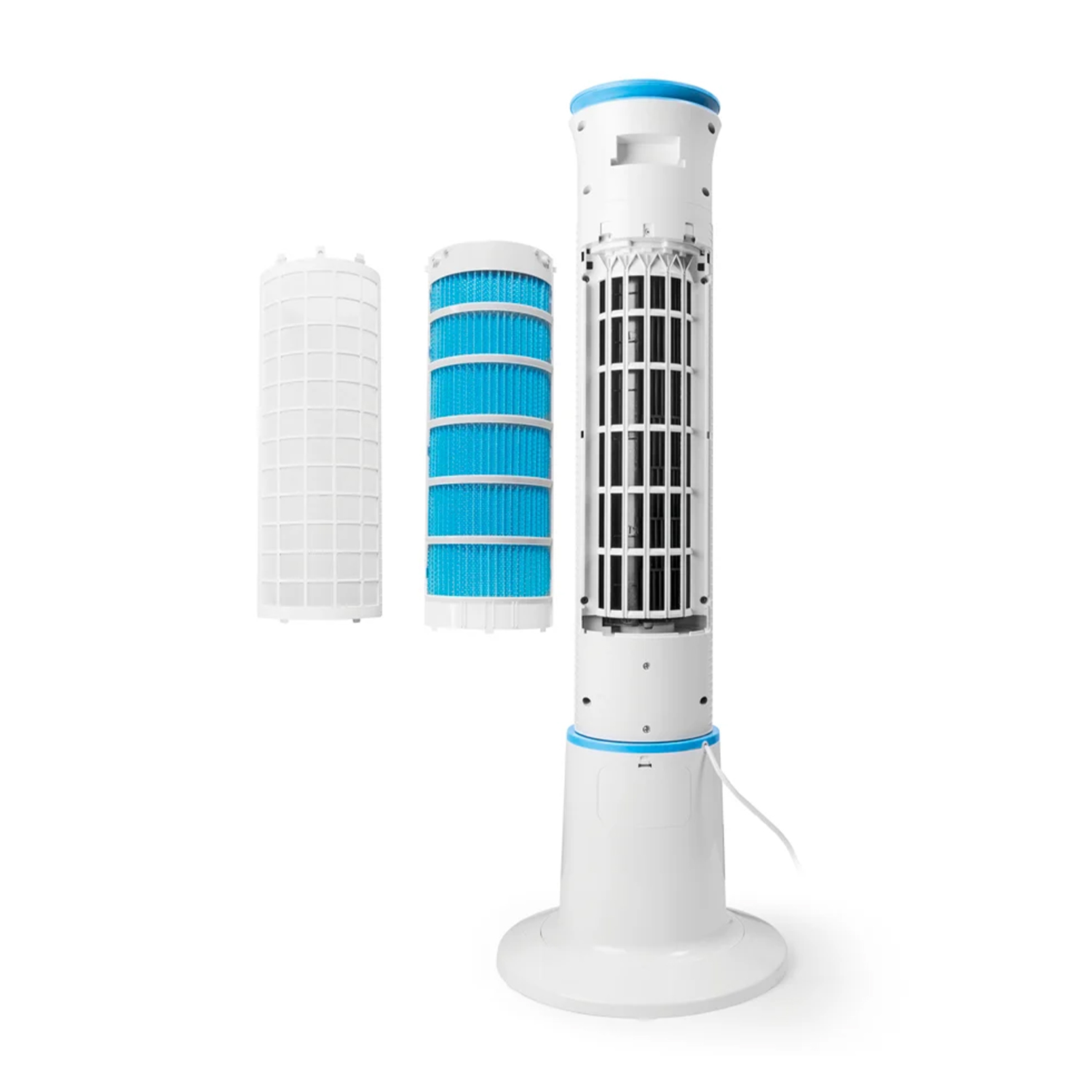 Un purificatore d'aria bianco e blu con i componenti del filtro esposti accanto, su sfondo bianco.
