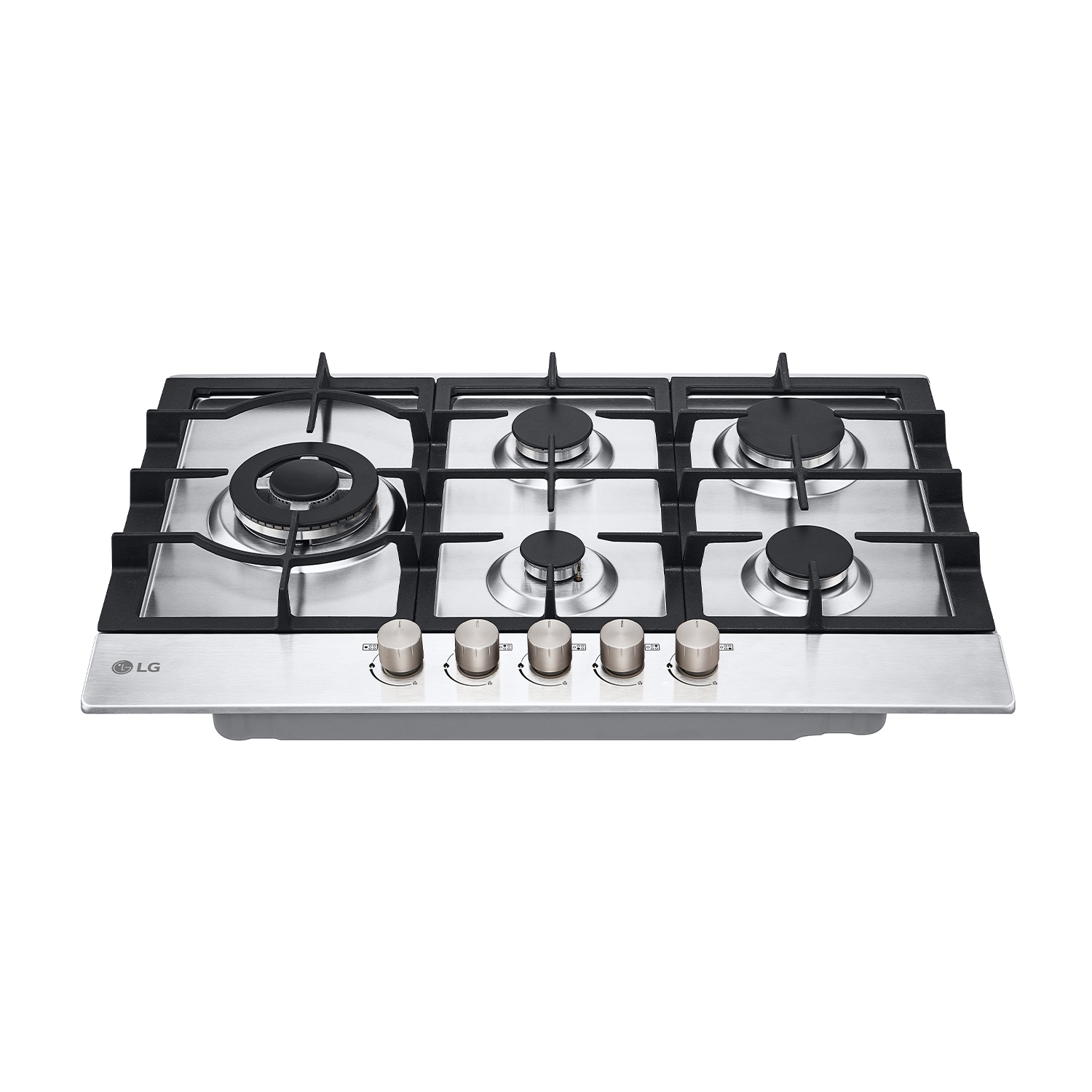 Un piano cottura a gas LG in acciaio inox con cinque bruciatori.