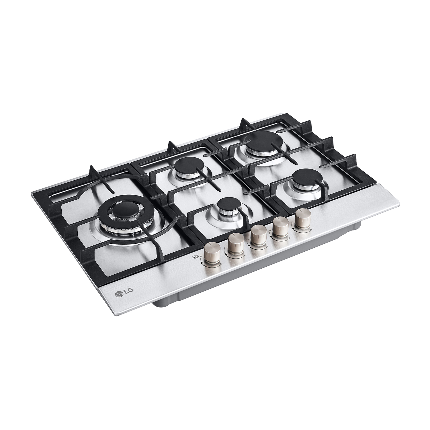 Piano cottura a gas LG in acciaio inox con quattro fuochi e manopole.
