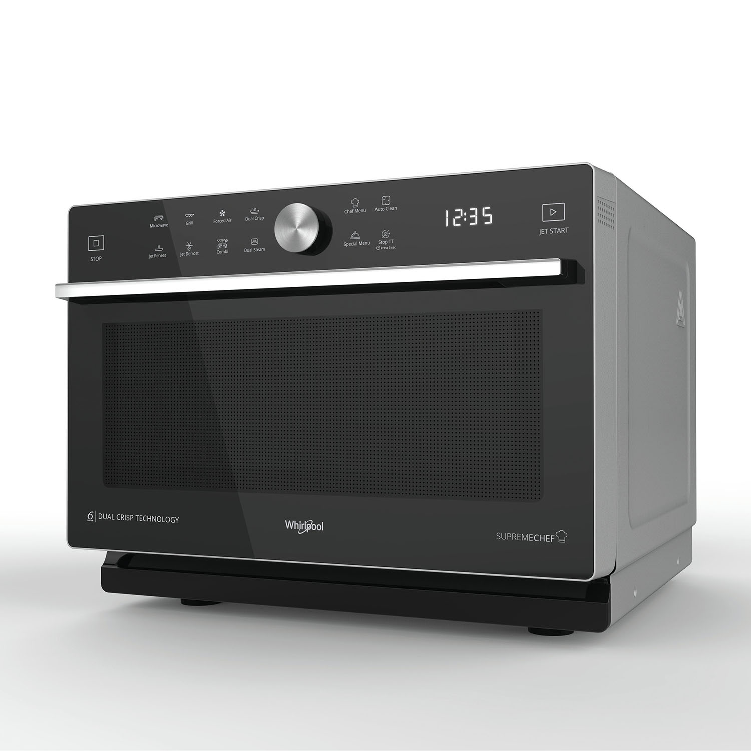 Forno a microonde nero e argento con display digitale e pannello di controllo.
