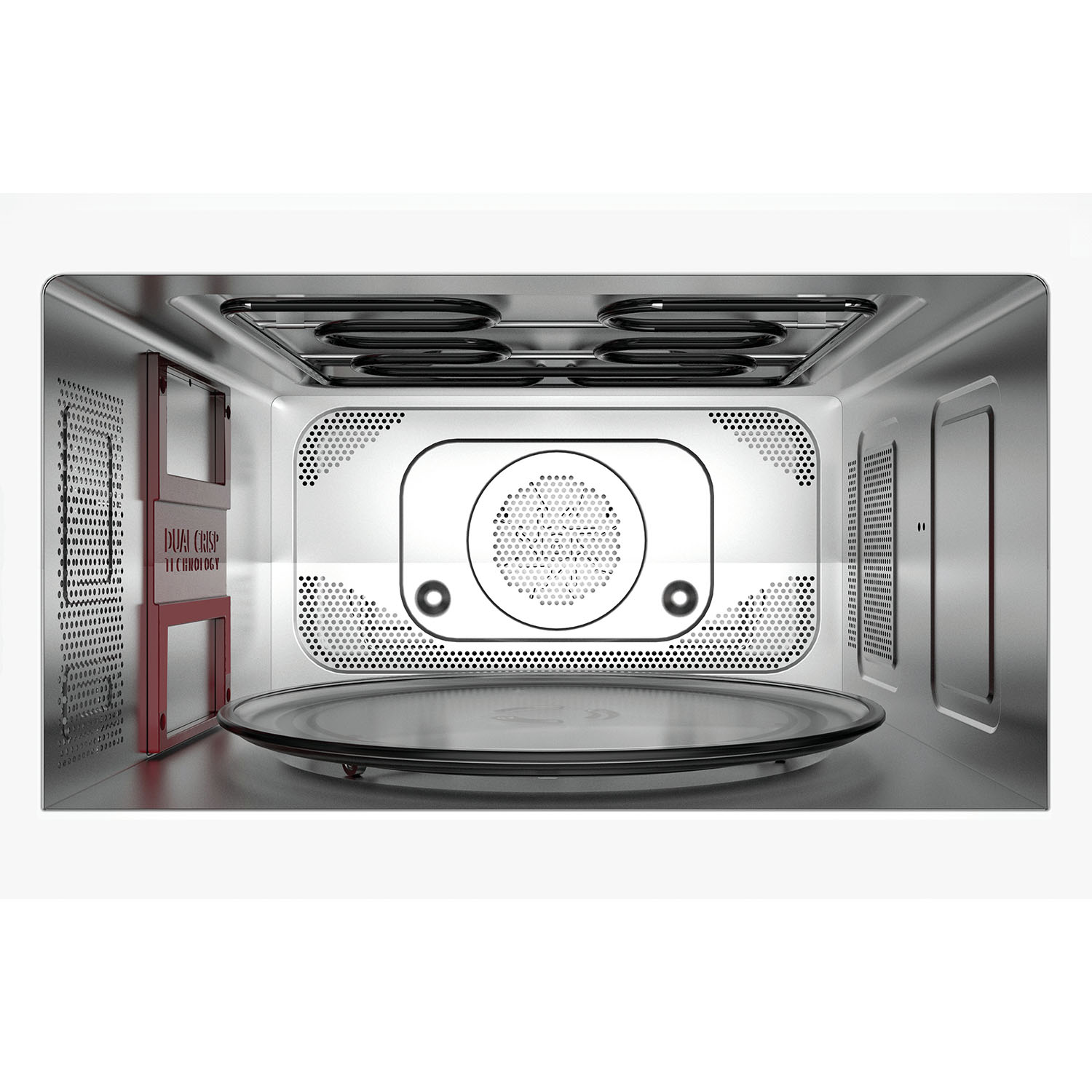 Interno di un forno a microonde. Piatto in vetro ed elementi riscaldanti visibili.