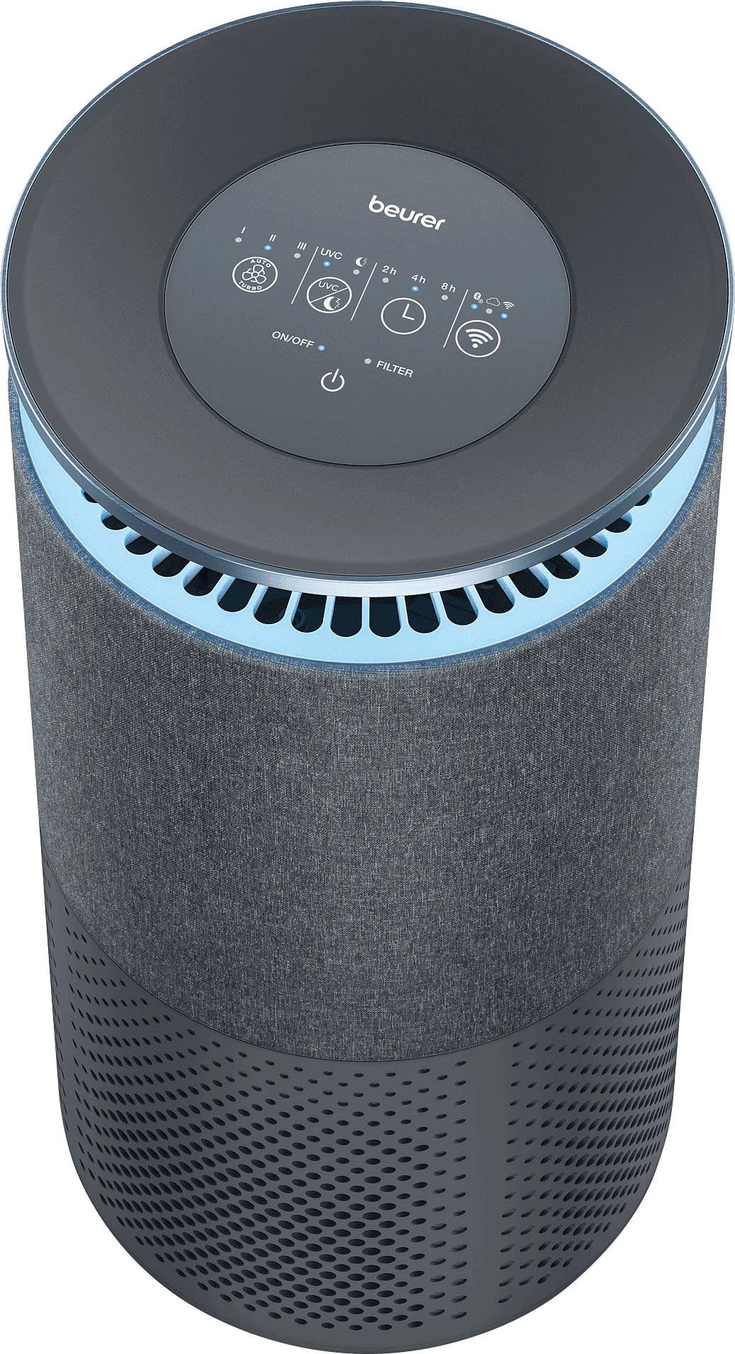 Purificateur d'air gris foncé avec panneau de contrôle sur le dessus. Accents bleu clair.