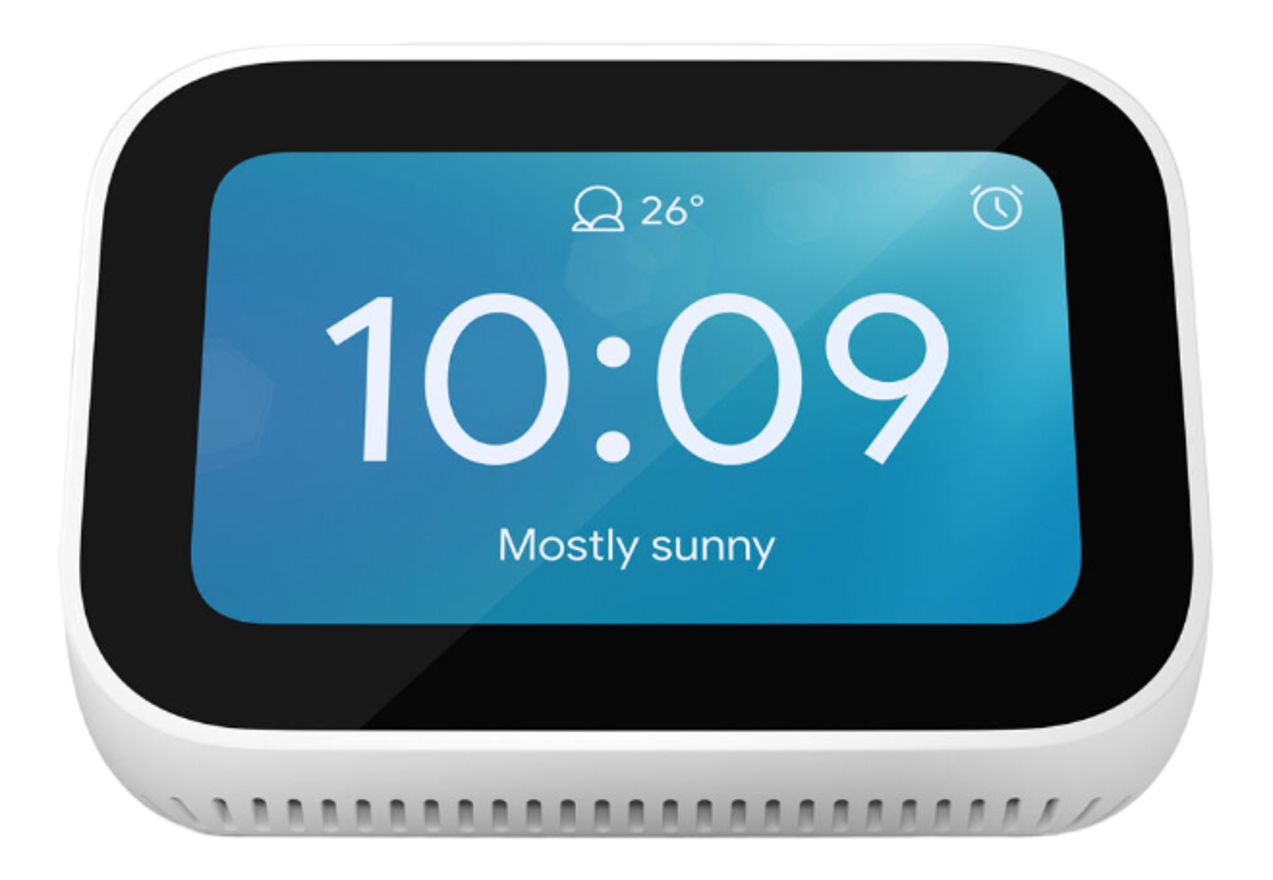 Orologio digitale bianco che mostra le 10:09, 'Mostly sunny' visualizzato sotto, sfondo blu.