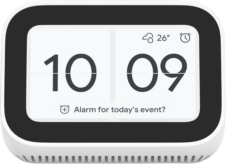 Orologio digitale bianco con 10:09, icone meteo e allarme su sfondo bianco.