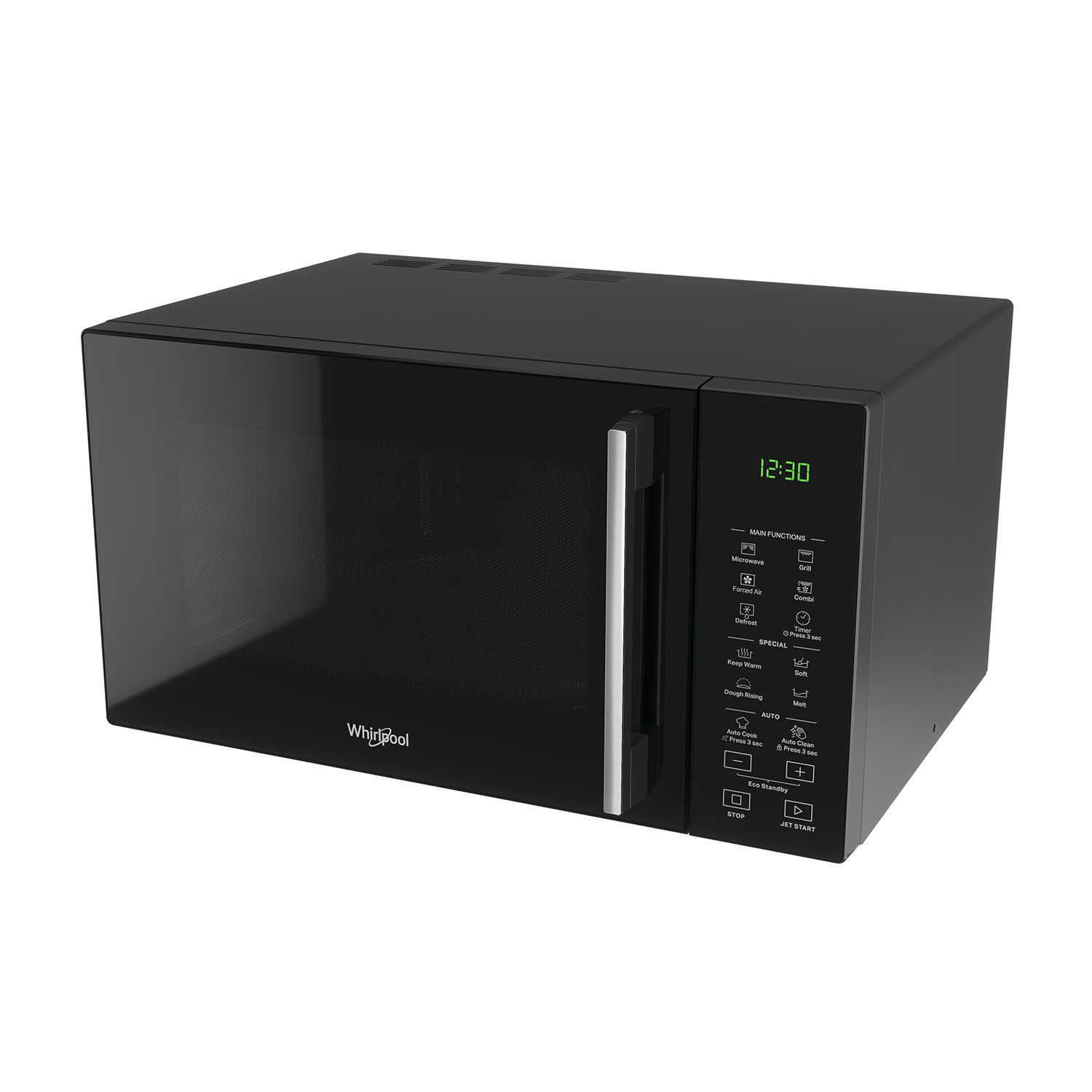 Un forno a microonde Whirlpool nero con display digitale dell'orologio e pannello di controllo, su sfondo bianco.