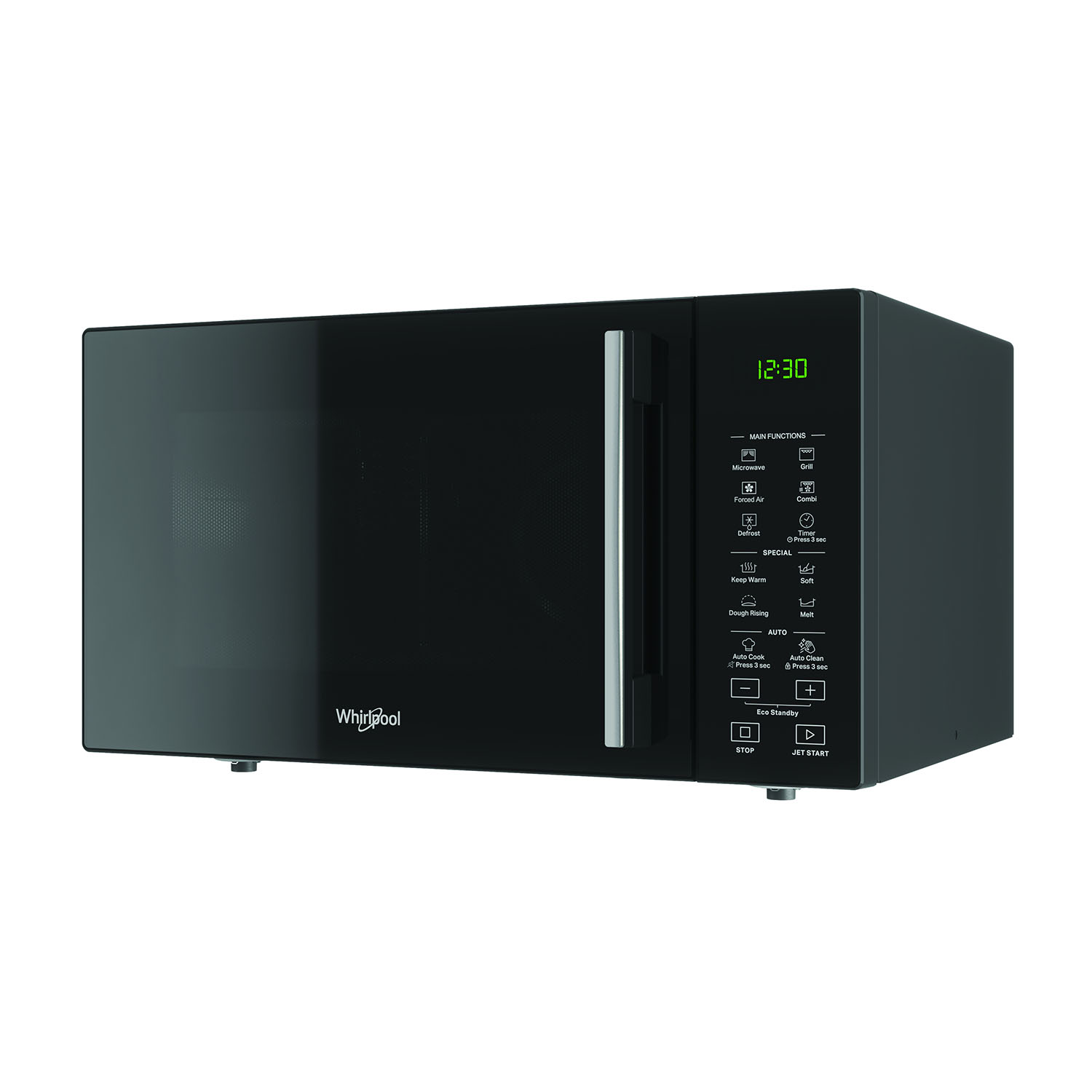 Un forno a microonde nero con display digitale e pulsanti di controllo.
