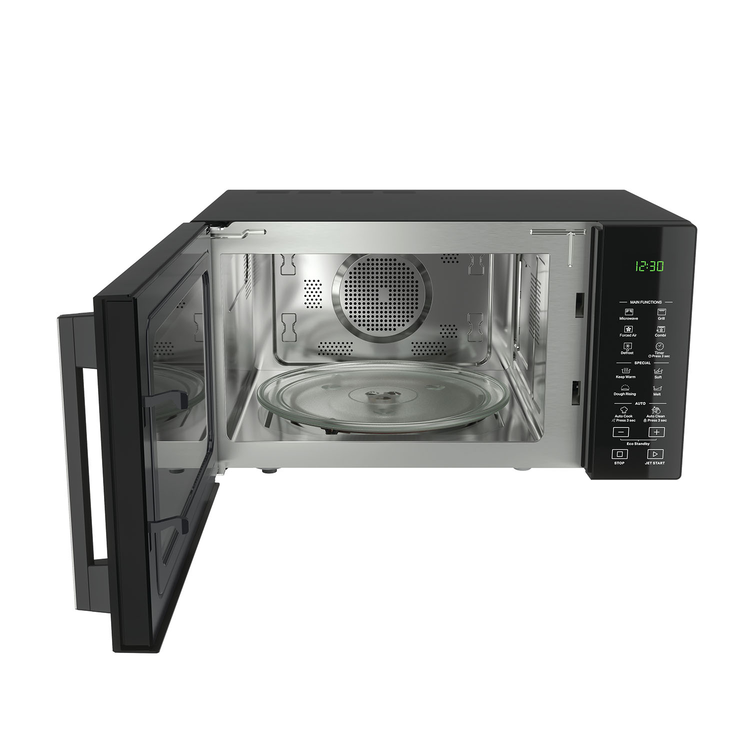Forno a microonde con la porta aperta. Piatto di vetro all'interno. Sfondo nero.