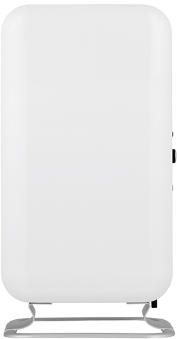 Termoventilatore elettrico bianco, visto di lato, con una base argentata.