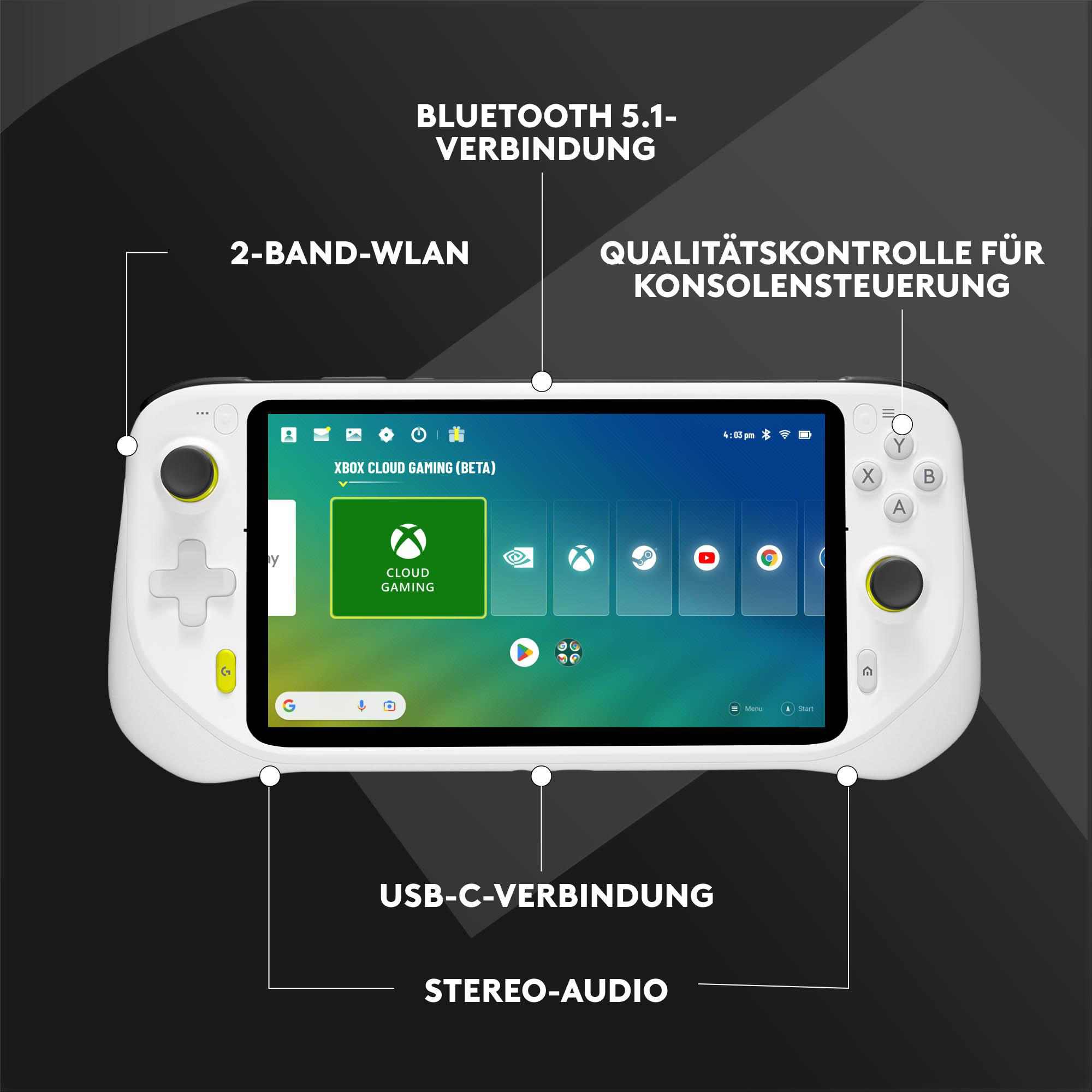 LOGITECH G Cloud Gaming Handheld, tragbare Spielkonsole, NVIDIA GeForce NOW, White, WiFi/BT