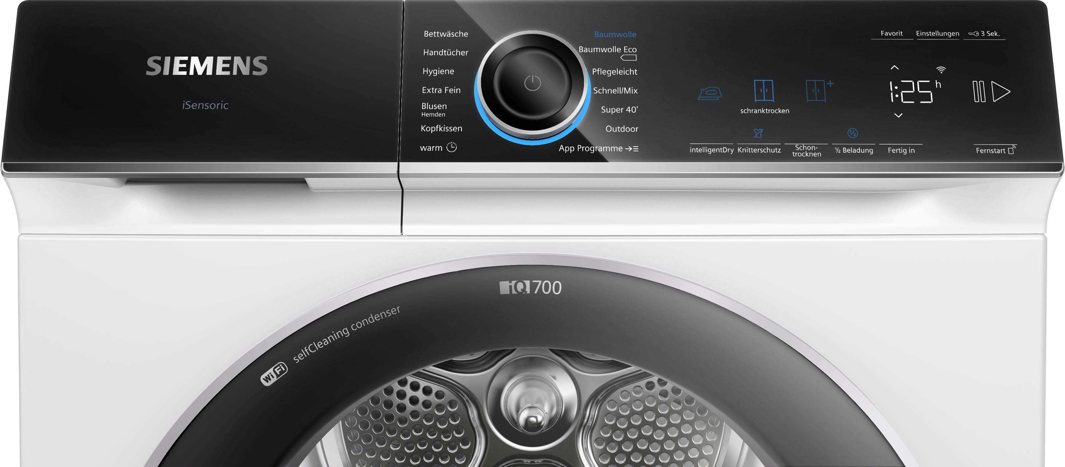 Nahaufnahme des Bedienfelds eines Siemens iQ700 Trockners mit verschiedenen Einstellungen.