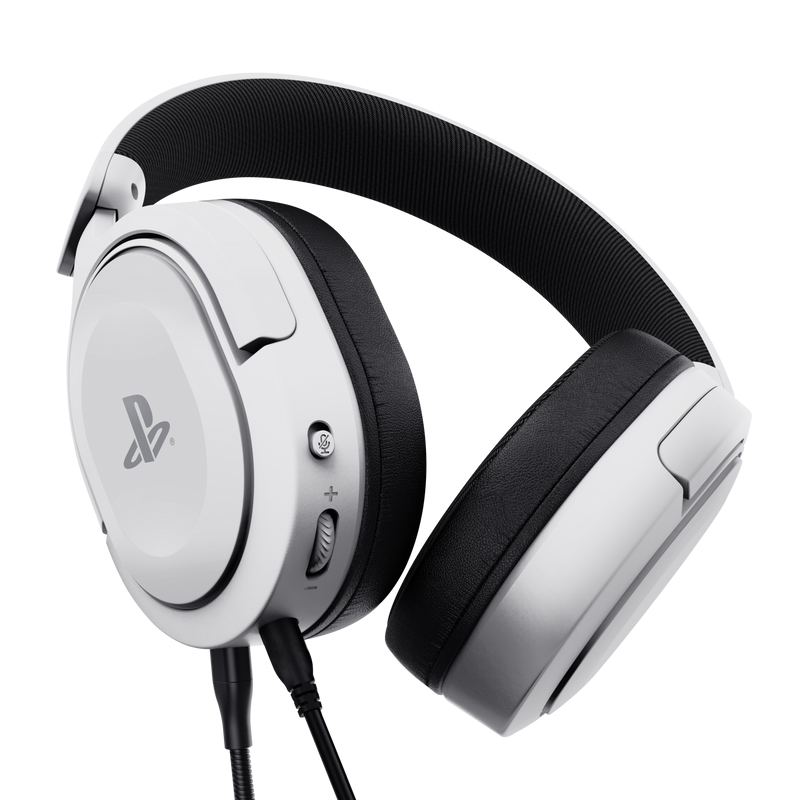 Auriculares para juegos PlayStation blancos y negros con micrófono y control de volumen.