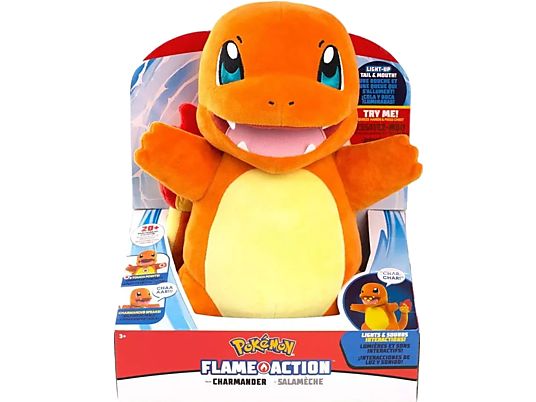 JAZWARES Pokémon Flame Action - Glumanda - Plüschfigur (Orange/Gelb/Rot/)