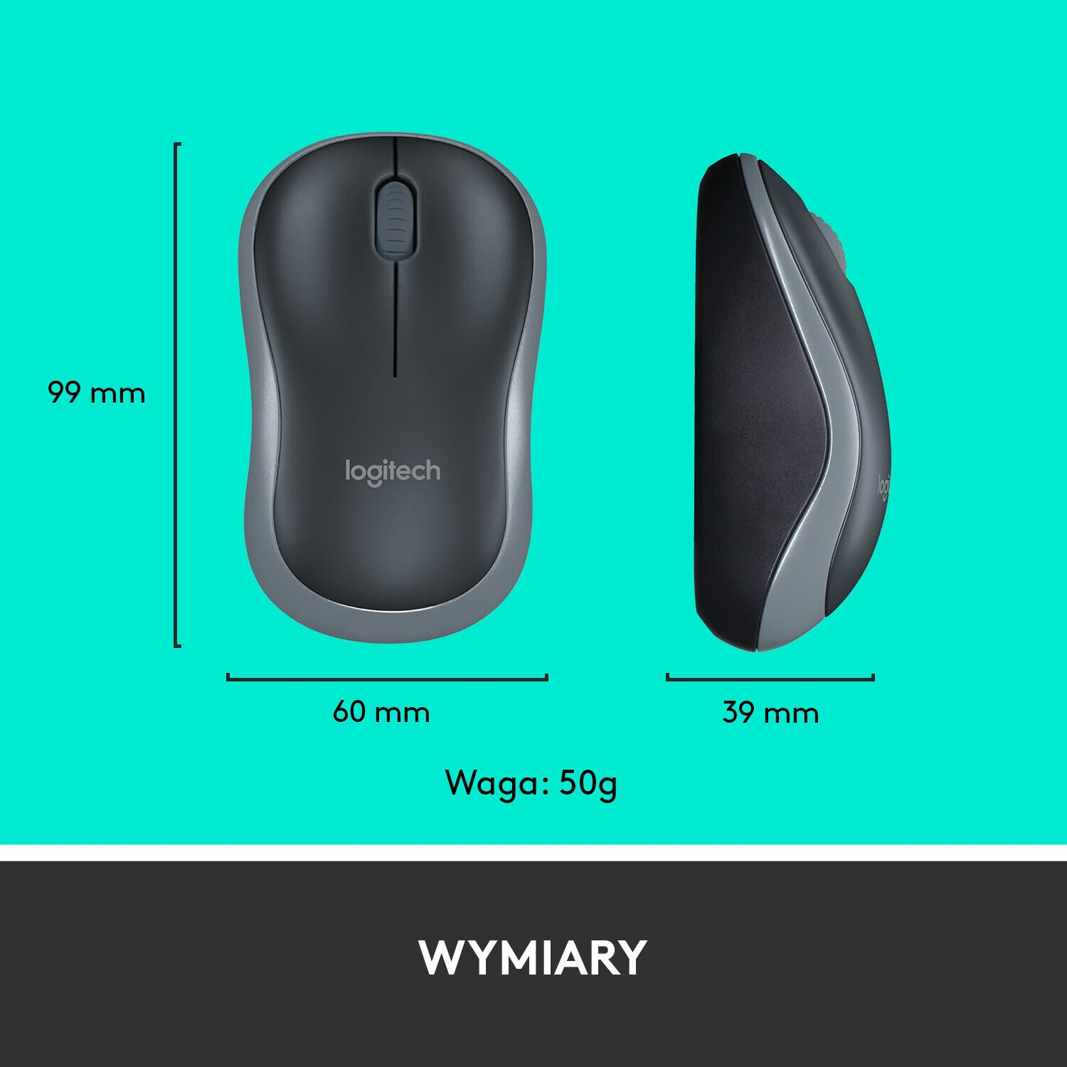 Widoki z góry i z boku szarej i czarnej myszy Logitech. Wymiary i waga są wyświetlane poniżej.