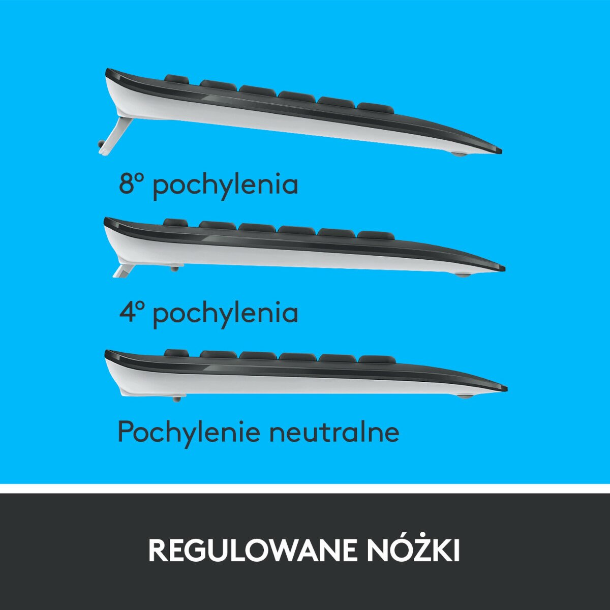 Klawiatura z regulowanymi nóżkami, pokazująca pochylenie 8, 4 i neutralne.