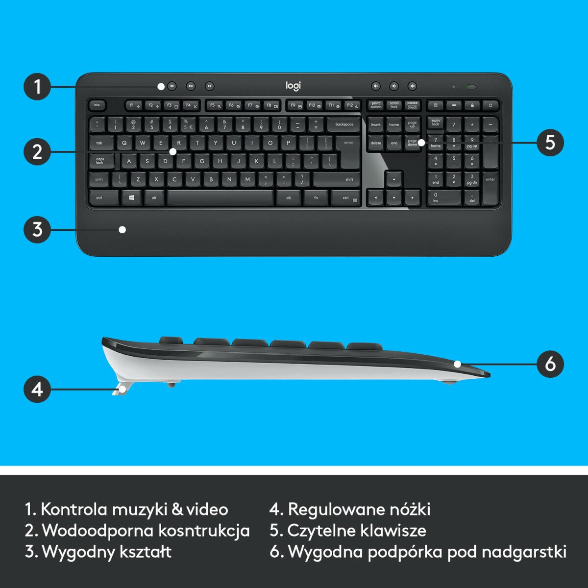 Klawiatura Logitech z numerowanymi klawiszami, wodoodporną konstrukcją i ergonomicznym kształtem.