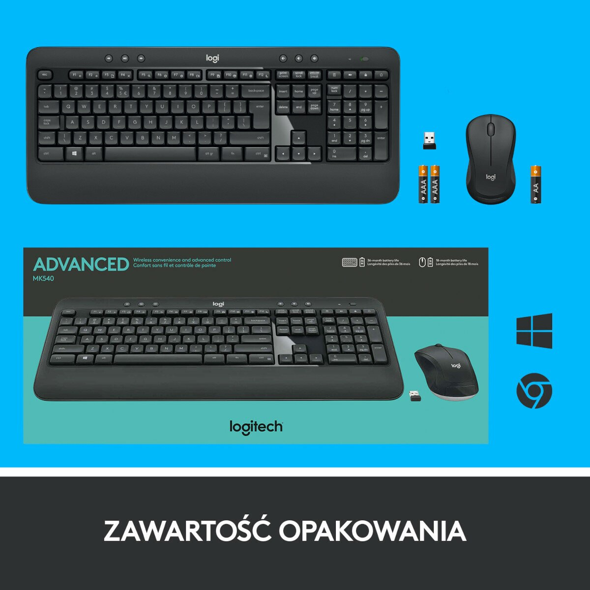 Zestaw klawiatury i myszy Logitech. Opakowanie pokazuje klawiaturę, mysz i akcesoria.