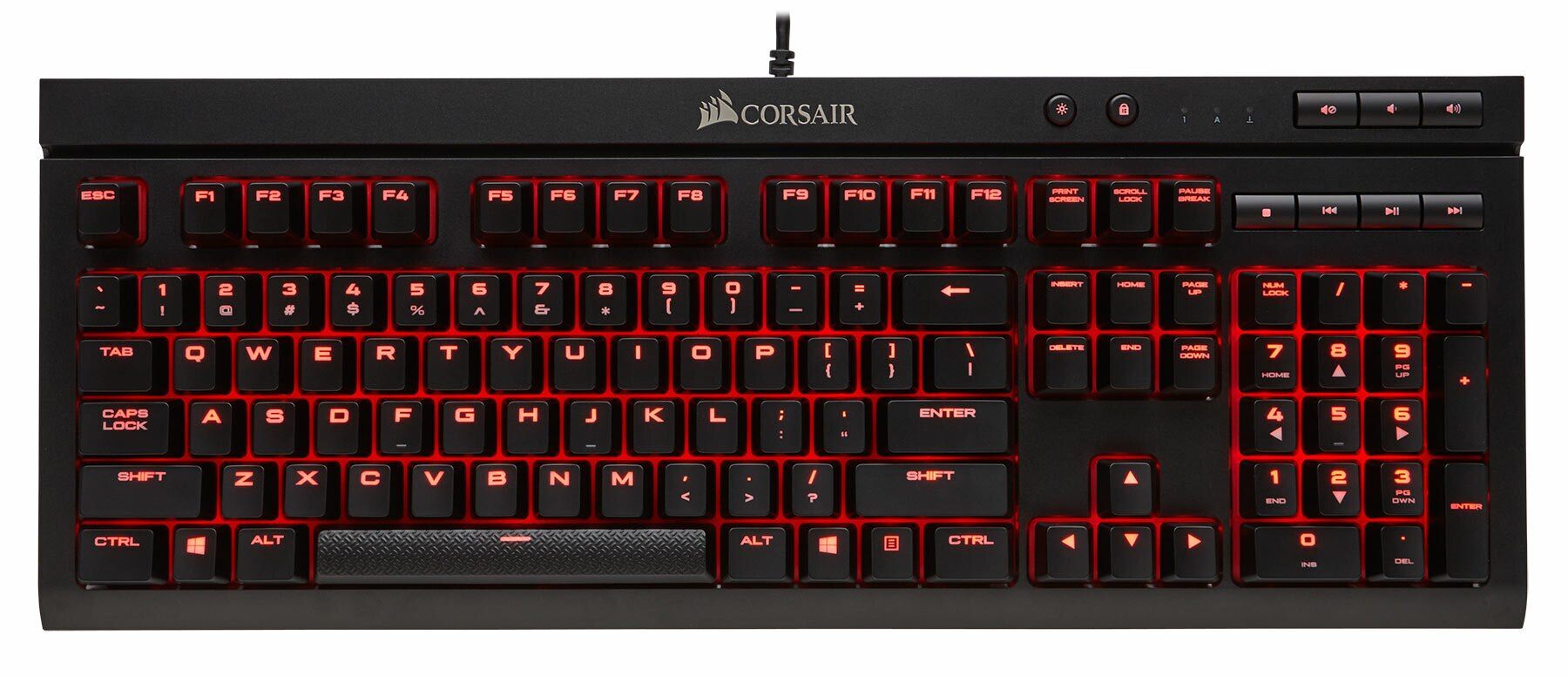 Czarna klawiatura z podświetlanymi na czerwono klawiszami. Marka Corsair.