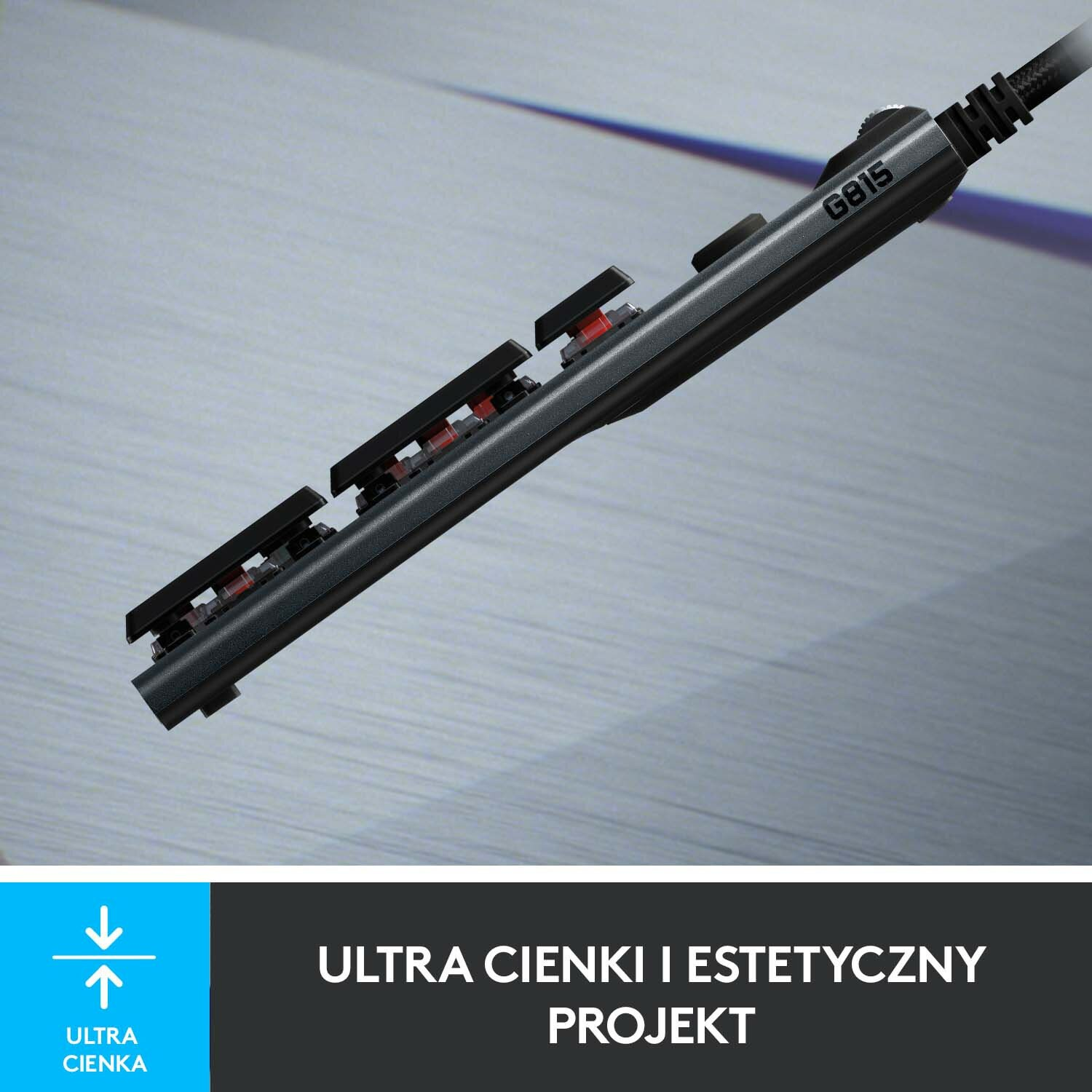 Czarna klawiatura z czerwonymi akcentami. Na górze szara etykieta G815.