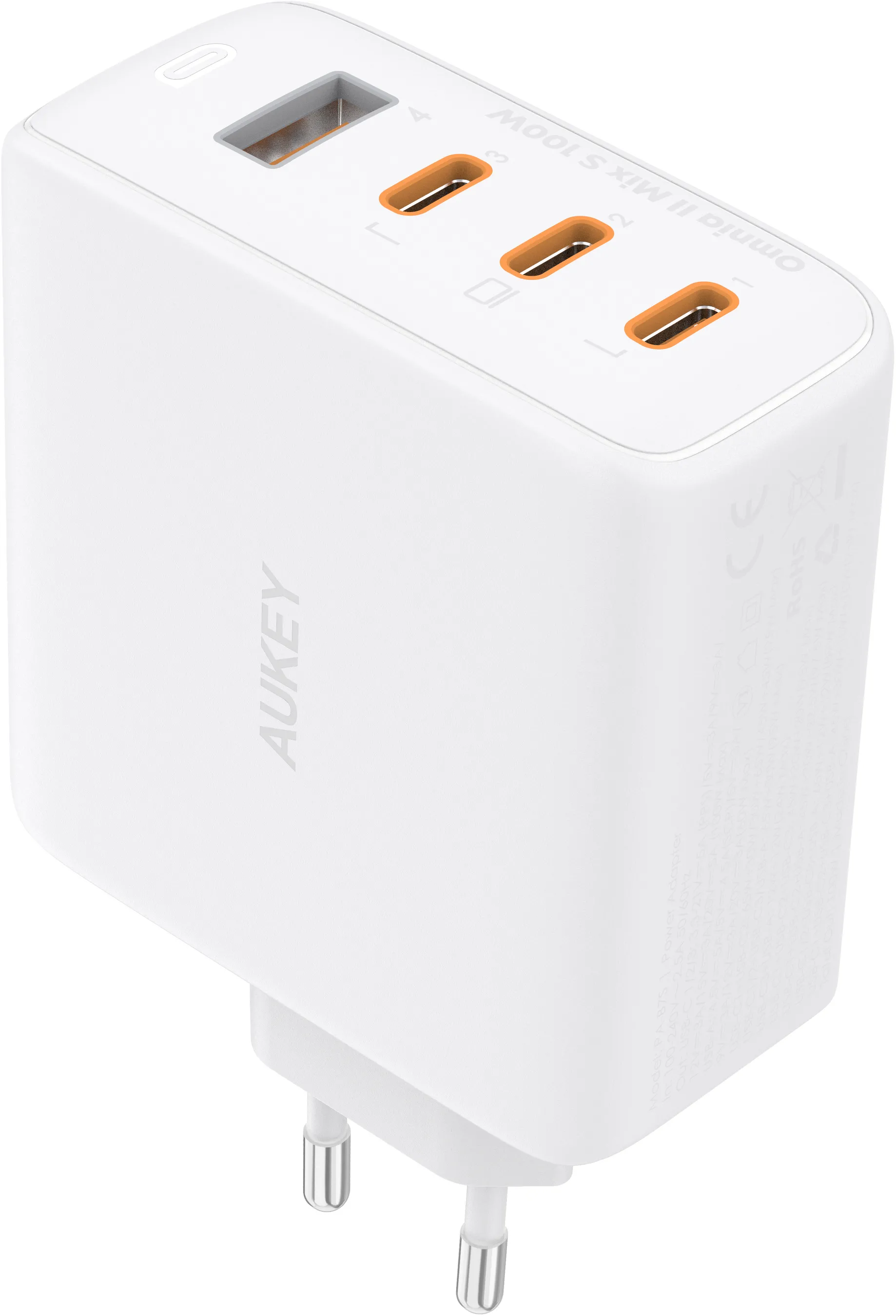 Caricatore AUKEY bianco con più porte USB. S100W sul lato. Spina europea.