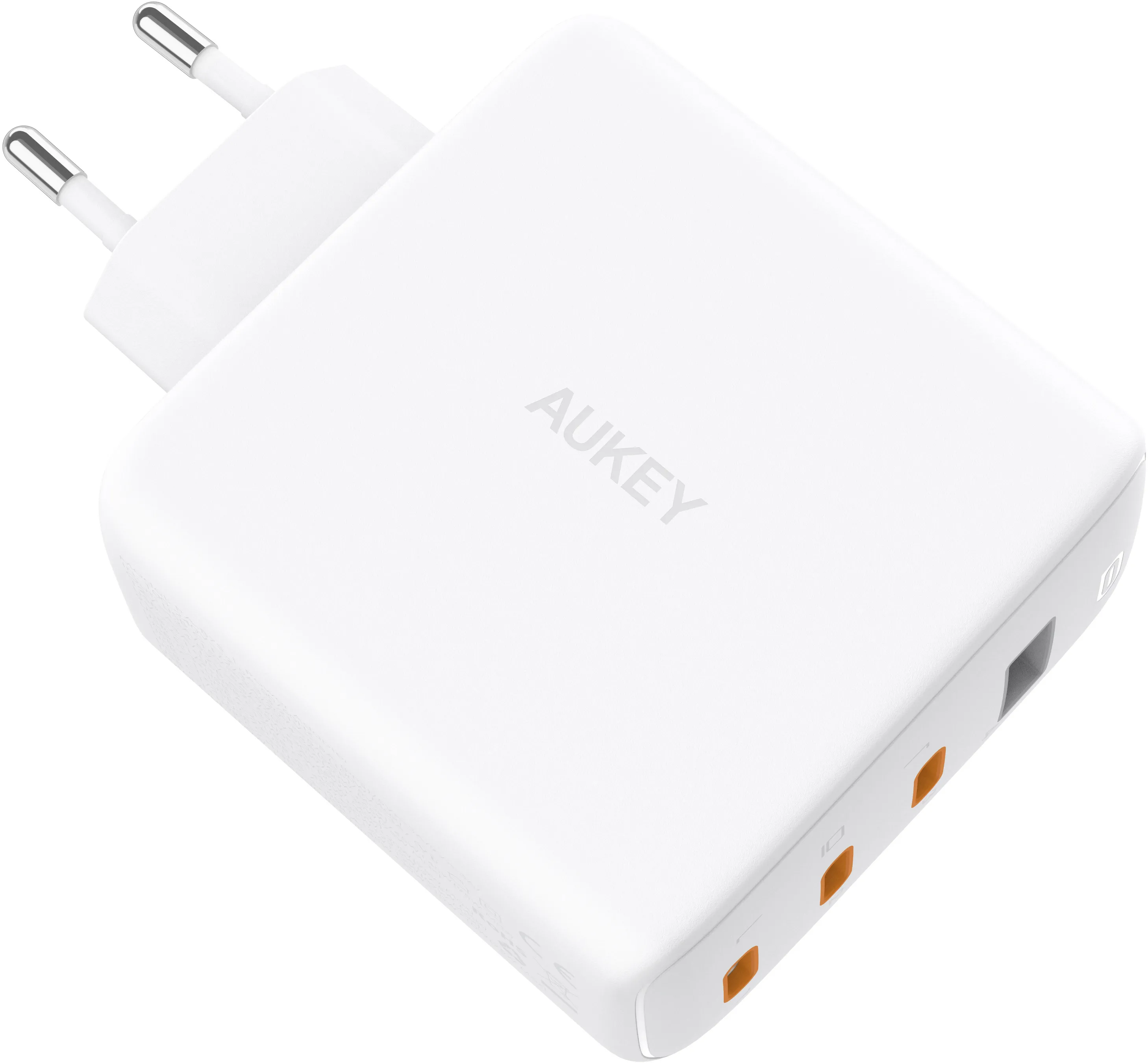 Caricatore Aukey bianco con 2 spine e 3 porte USB.