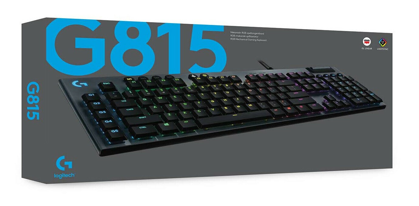 Pudełko klawiatury Logitech G815. Klawiatura z przodu, z niebieskimi akcentami.