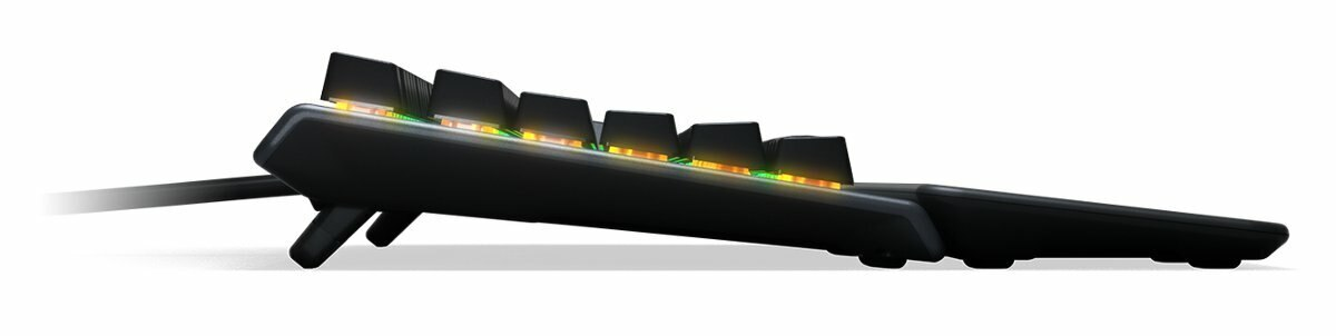 Widok z boku czarnej klawiatury do gier z podniesionymi nóżkami i światłami.