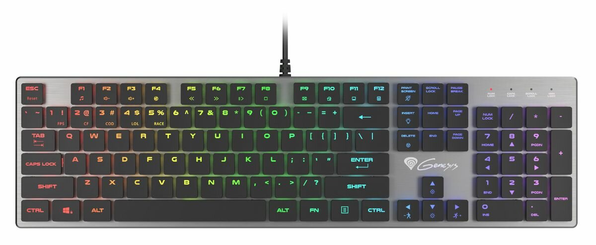 Srebrna klawiatura z klawiszami w kolorach tęczy. Klawisze są podświetlone. Wyświetlane jest logo Genesis.