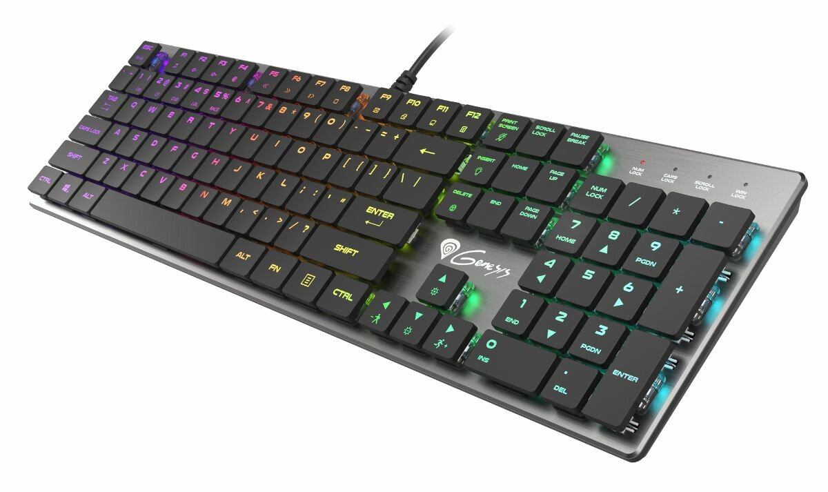 Czarna i szara klawiatura z kolorowymi klawiszami. Widoczna srebrna podstawa.