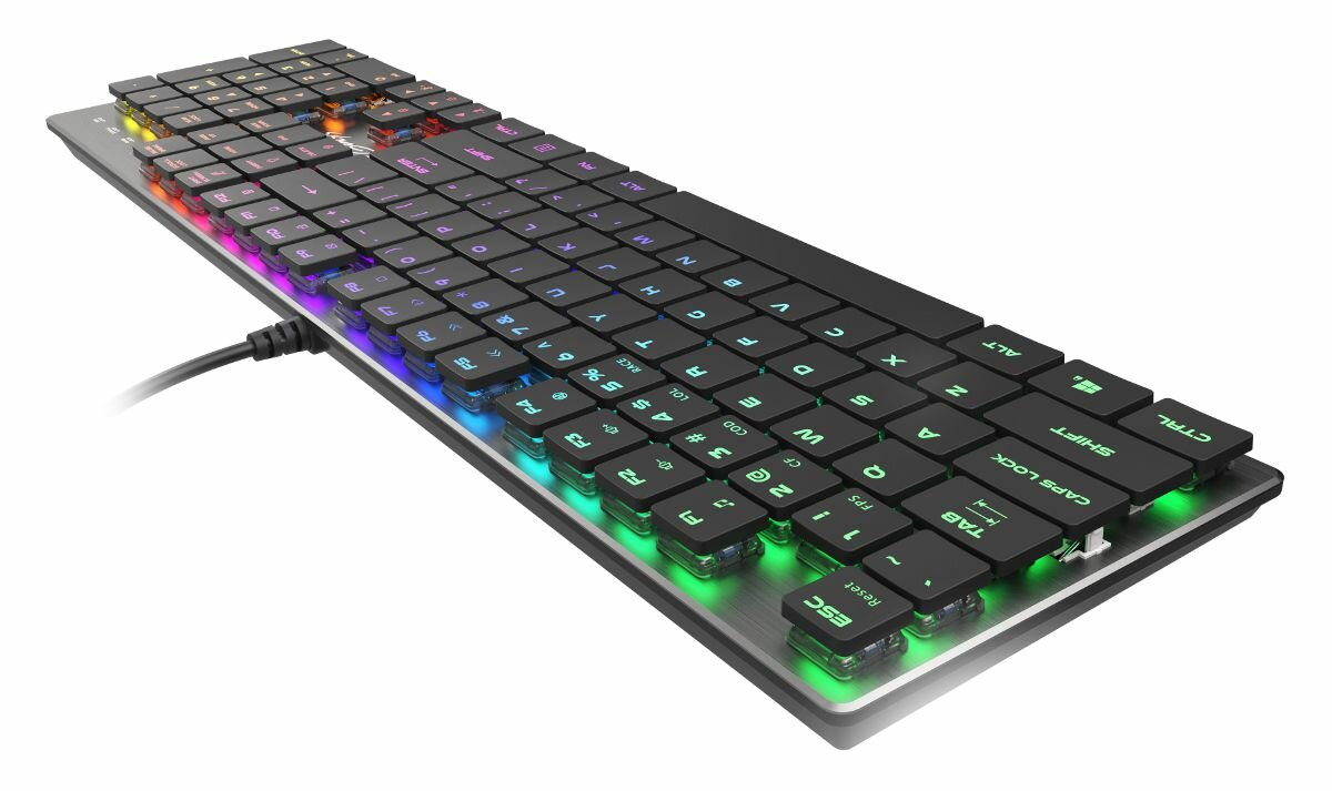 Klawiatura z podświetleniem RGB i czarnymi klawiszami.
