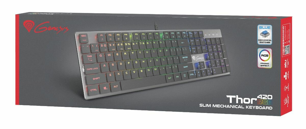 Klawiatura w pudełku z marką Genesis i efektem RGB.