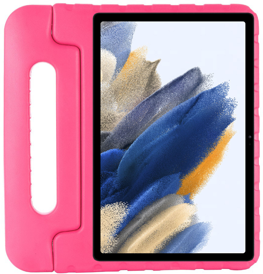 Pink tablet in a pink protective case. White background.