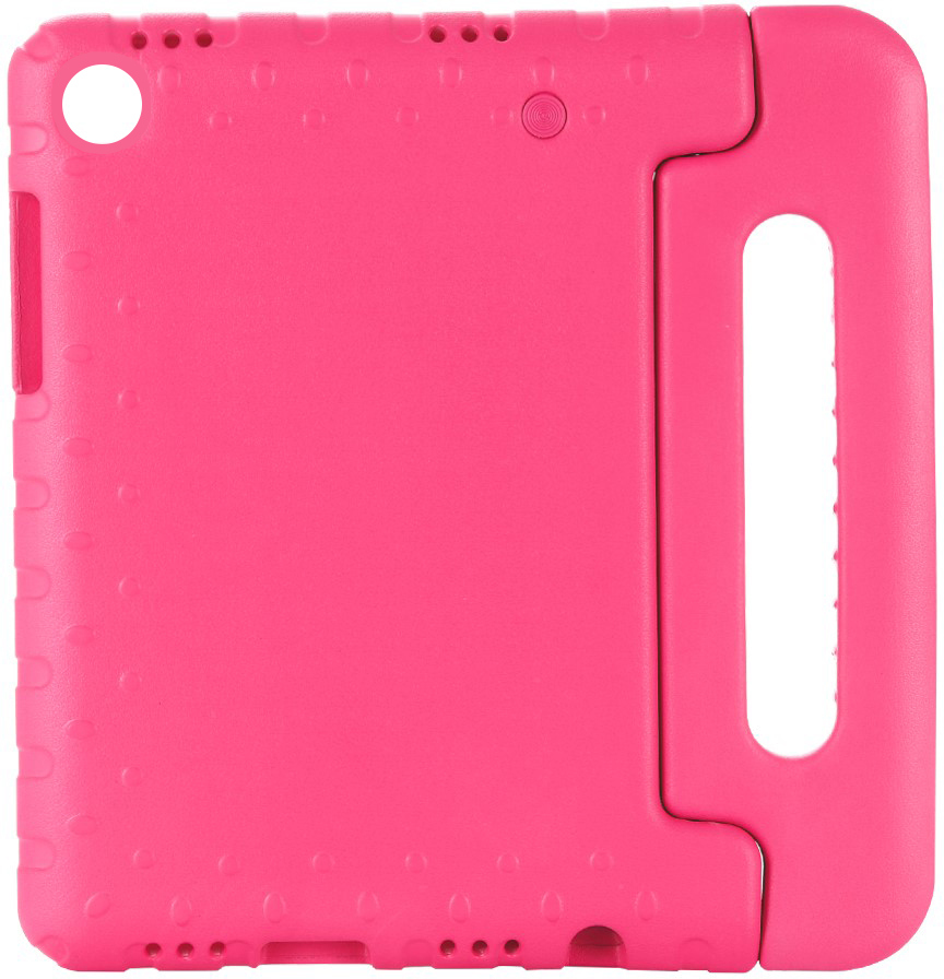 Bright pink tablet case with handle and cutouts for buttons and camera.