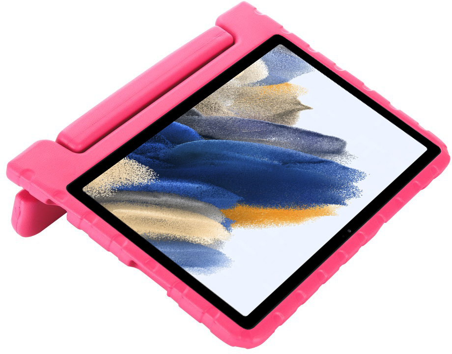 Pink tablet in a pink protective case. Screen on, showing a colorful design. White background.