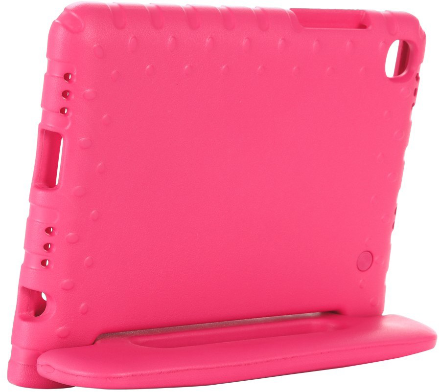A pink tablet case with a stand.