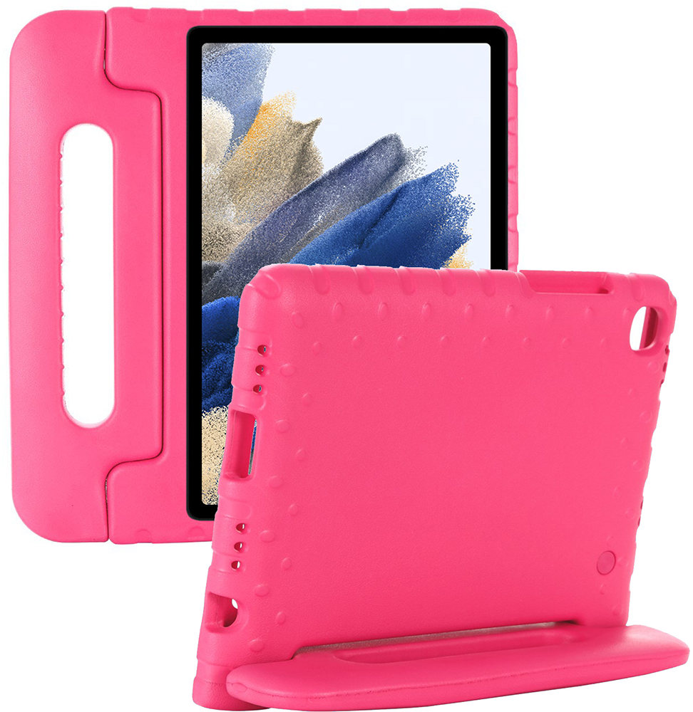 Pink tablet with a pink protective case. The case has a handle and stand.