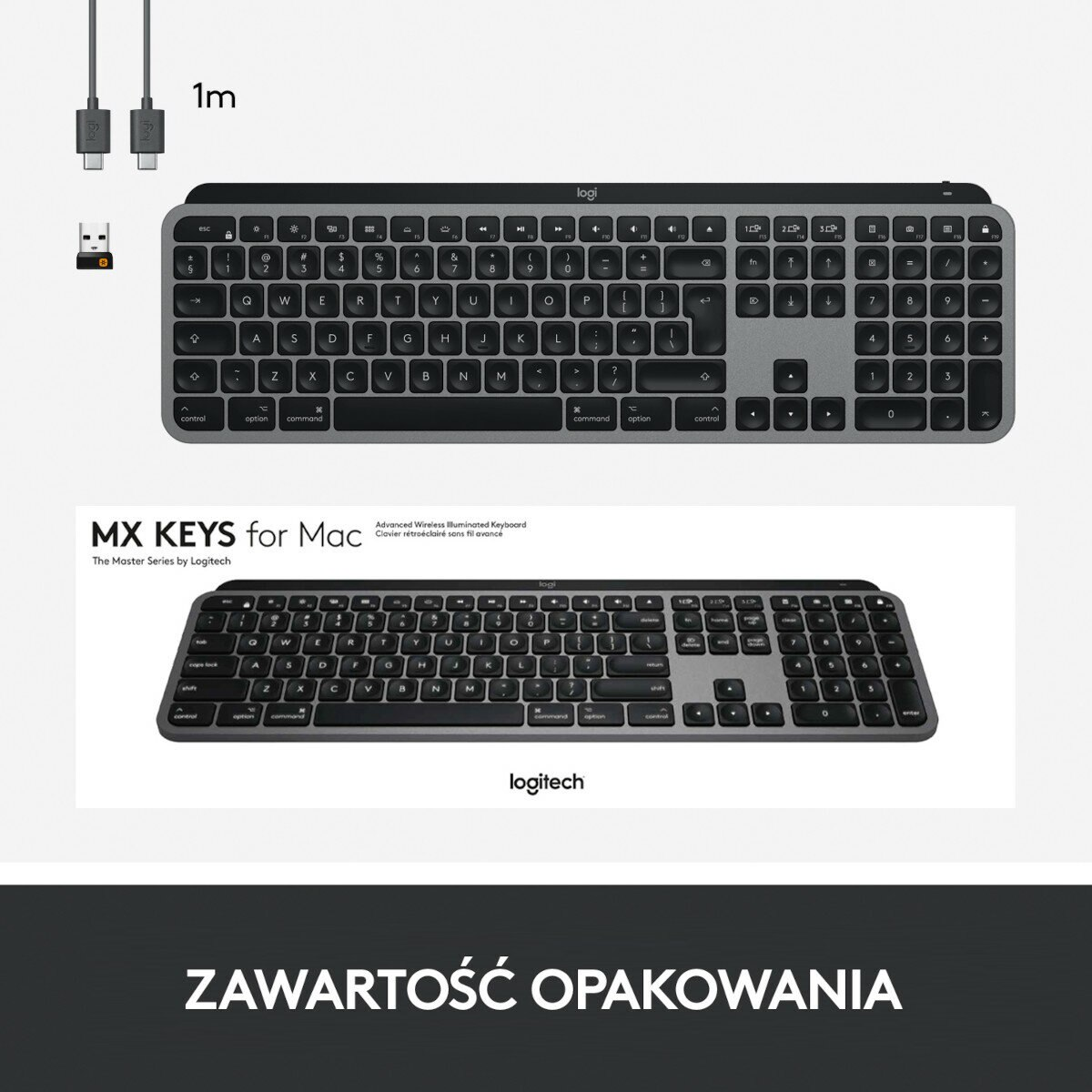 Klawiatura Logitech MX Keys for Mac z akcesoriami. Widoki z góry i z dołu są wyświetlane.