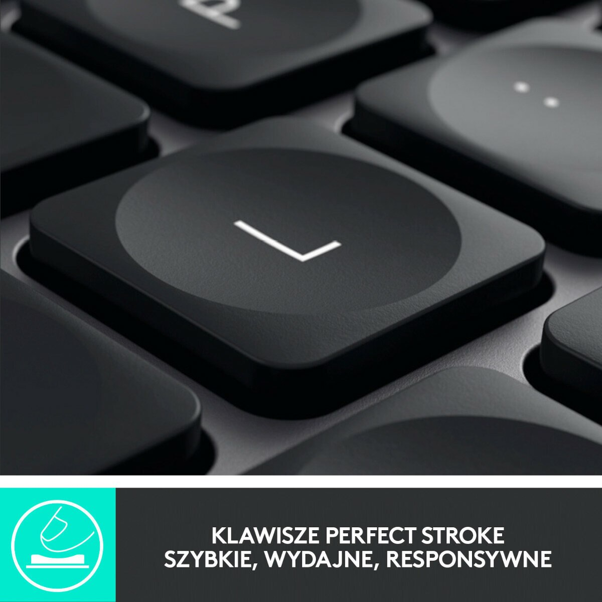Zbliżenie czarnego klawisza klawiatury z białą strzałką w dół.