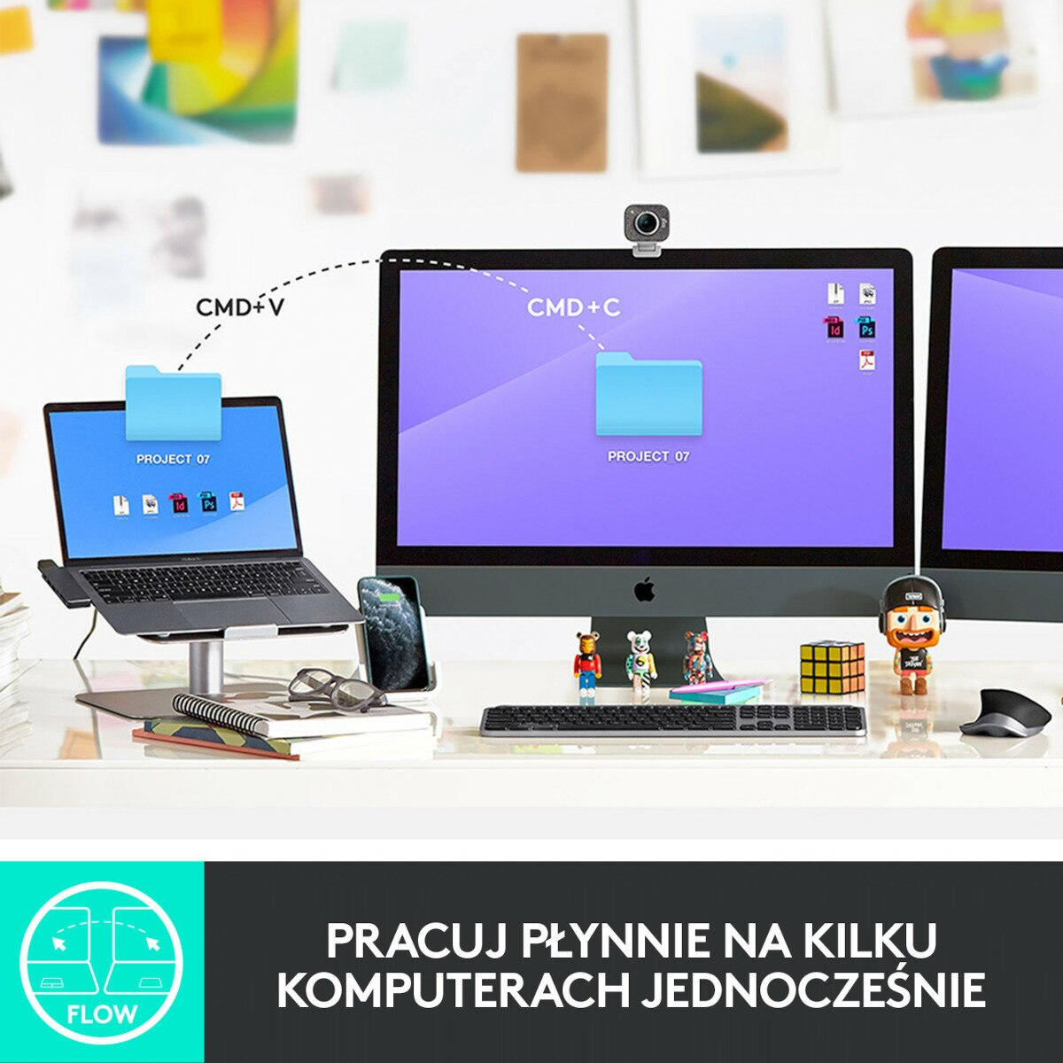 Konfiguracja biurka z laptopem i monitorem, pokazująca integrację przepływu pracy z tekstem.
