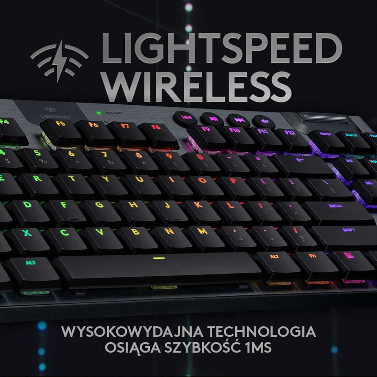 Czarna klawiatura z kolorowymi podświetlanymi klawiszami. Tekst: 'LIGHTSPEED WIRELESS' i prędkość '1MS'.