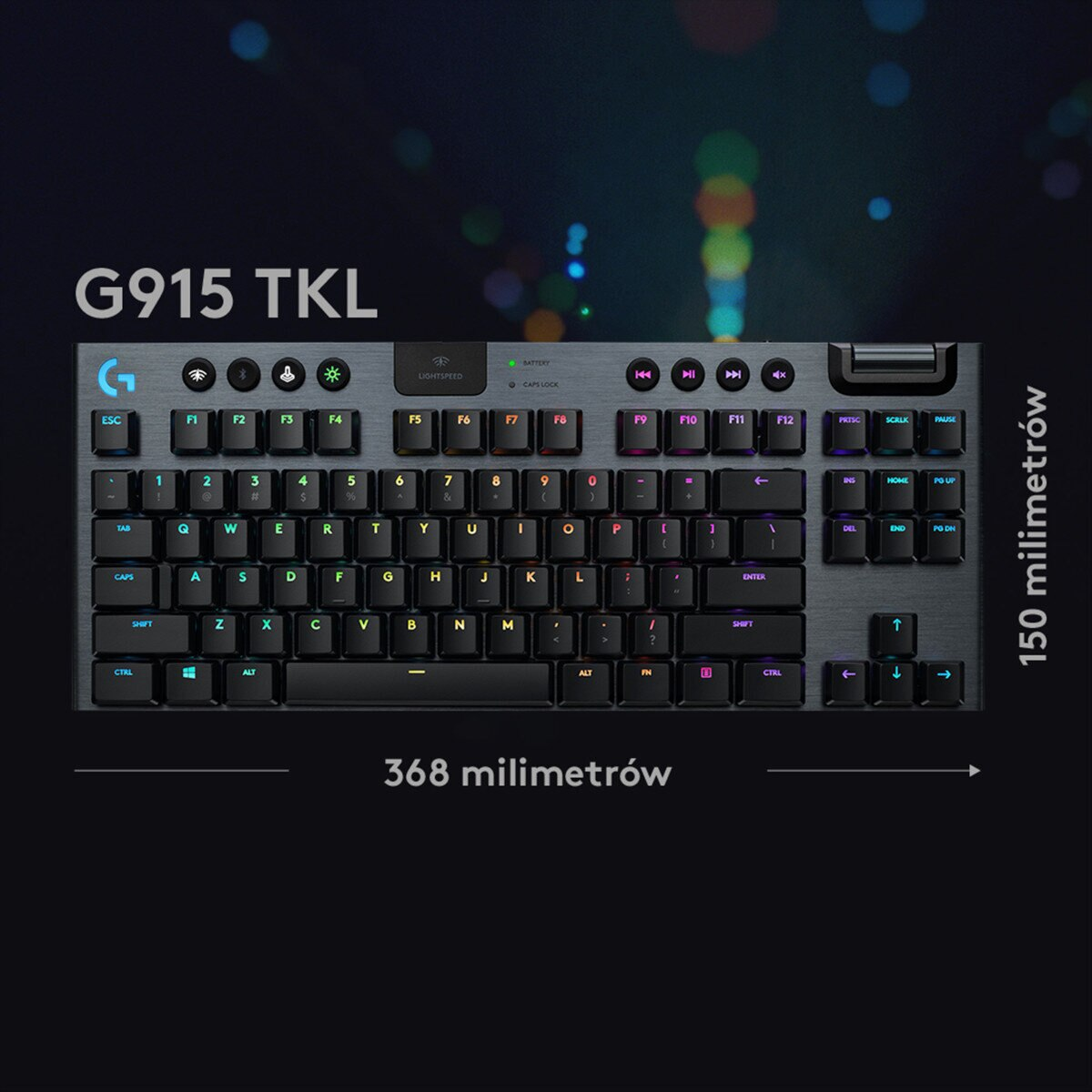 Czarna klawiatura Logitech G915 TKL z podświetleniem RGB. Zawiera klawisze, elementy sterowania multimediami i wymiary.