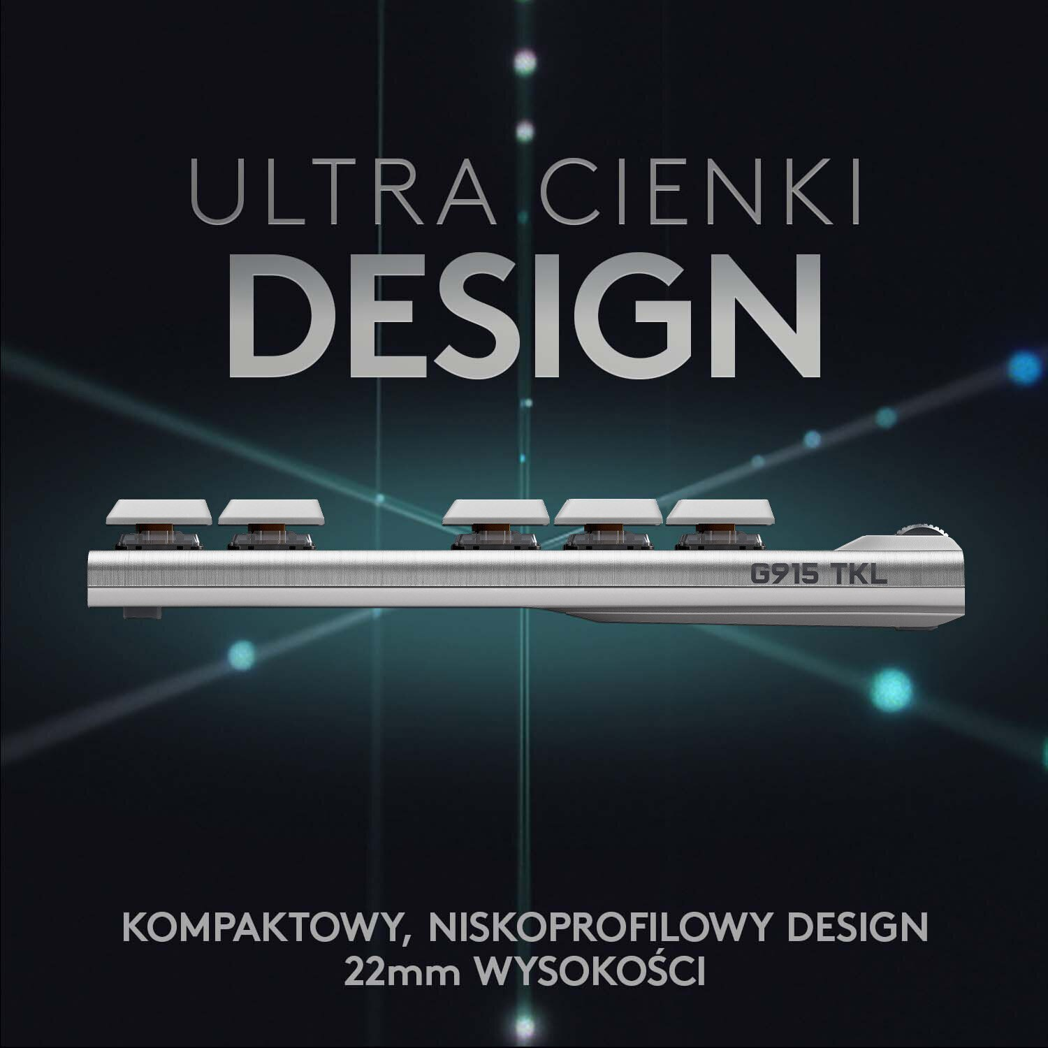 Srebrna klawiatura z białymi klawiszami. Tekst brzmi: ULTRA CIENKA KONSTRUKCJA, G915 TKL. Tekst na dole: Kompaktowy, niskoprofilowy.