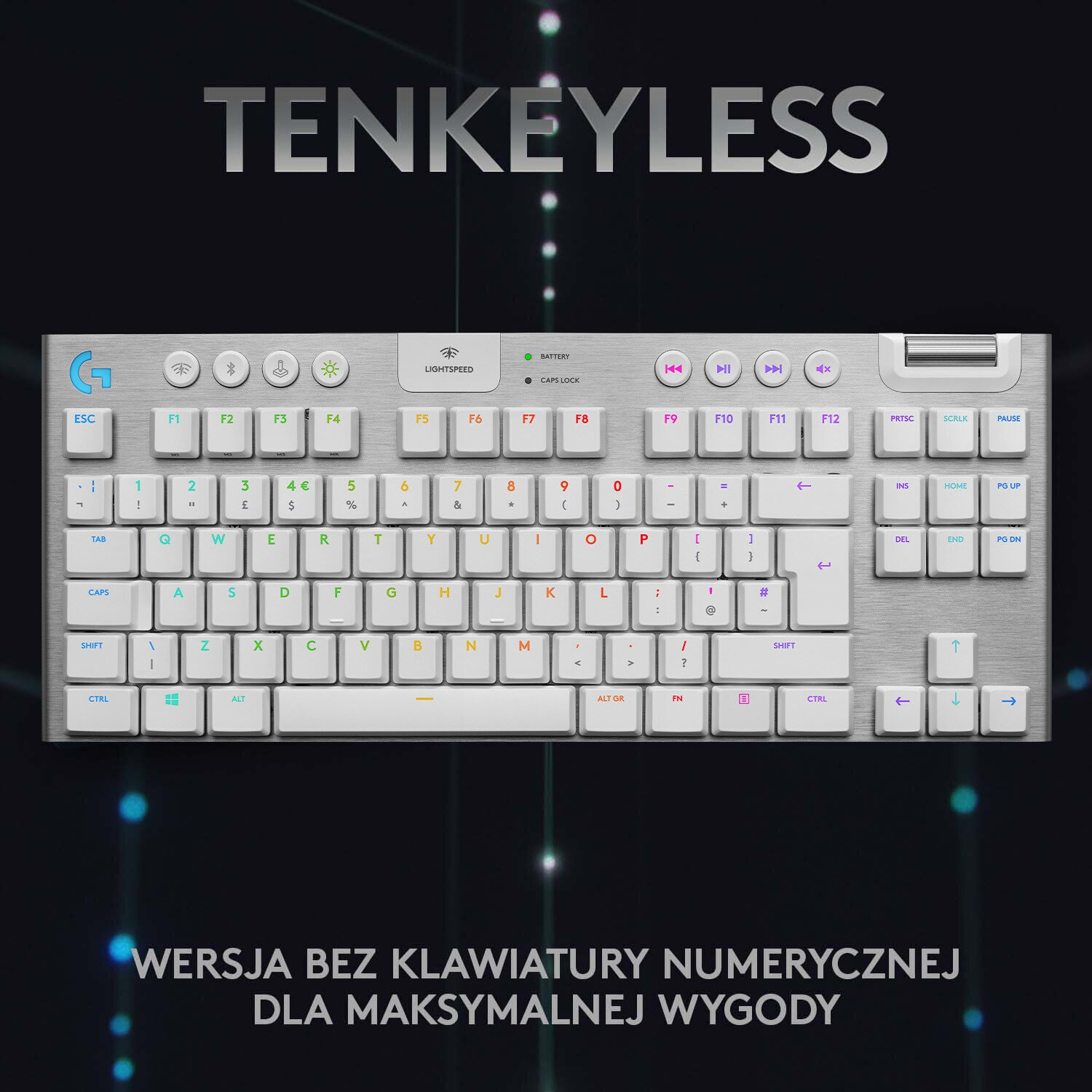 Srebrna klawiatura z białymi klawiszami i ciemnym tłem. Jest napis TENKEYLESS.