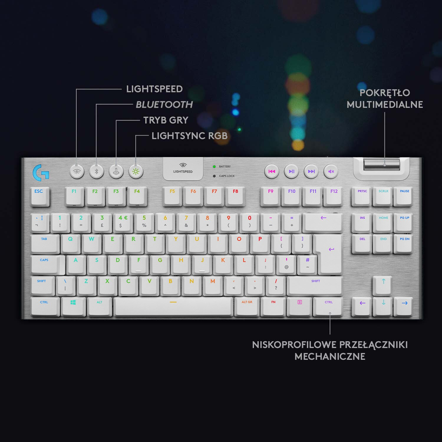 Srebrna klawiatura z białymi klawiszami. Posiada różne oznaczone klawisze. Widoczne funkcje, jak lightspeed i bluetooth.