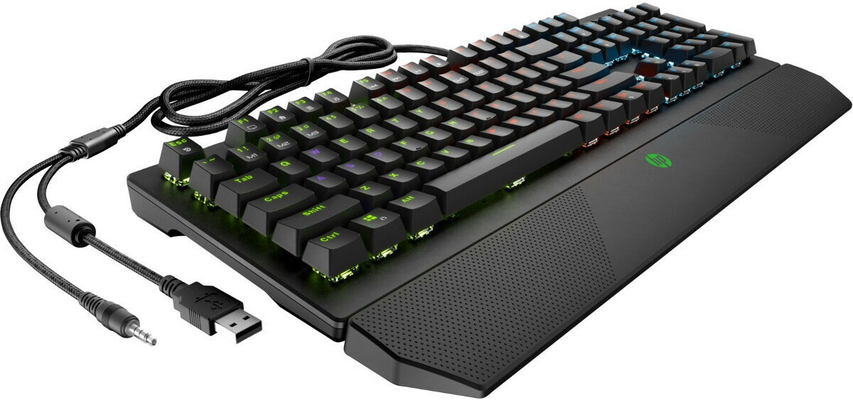 Czarna klawiatura z kolorowymi klawiszami i podpórką pod nadgarstek. Widoczne kable i złącze USB.