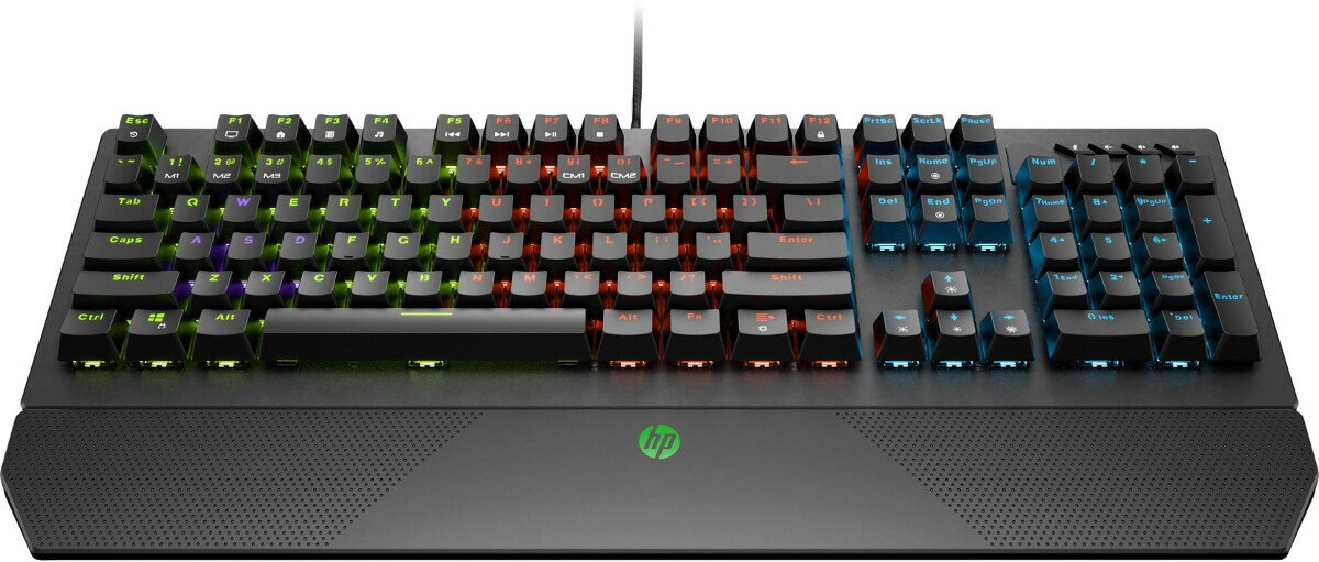 Czarna klawiatura gamingowa HP z kolorowymi podświetlanymi klawiszami. Logo HP jest widoczne.