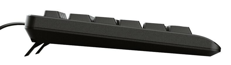 Zbliżenie klawiatury z klawiszami i kablem USB-C podłączonym od góry.